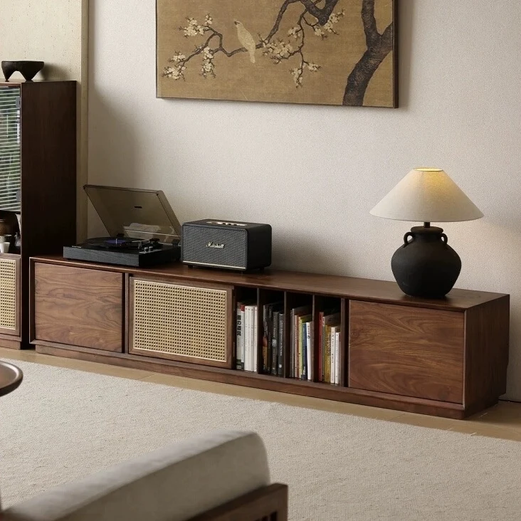 LumberLux Japanese Style Walnut TV Console with Rattan Door