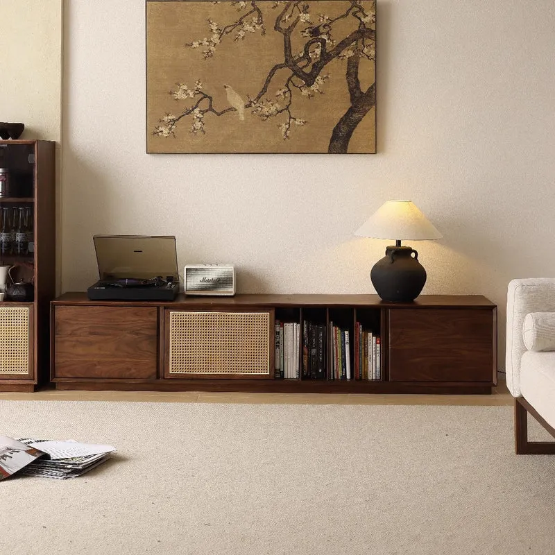 LumberLux Japanese Style Walnut TV Console with Rattan Door