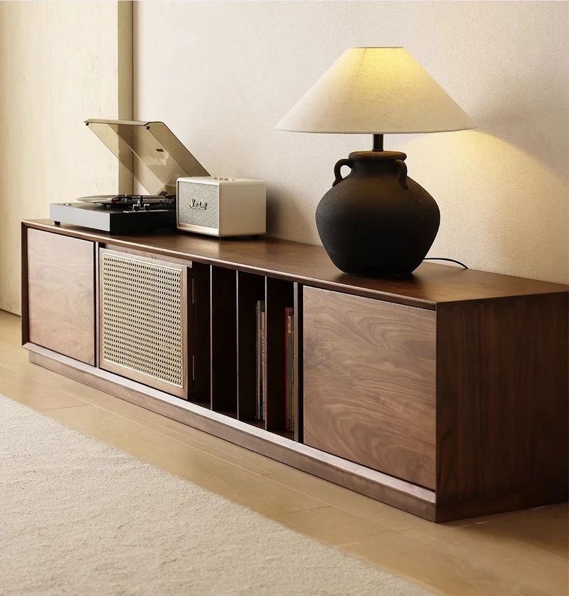 LumberLux Japanese Style Walnut TV Console with Rattan Door