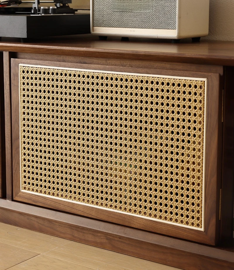 LumberLux Japanese Style Walnut TV Console with Rattan Door