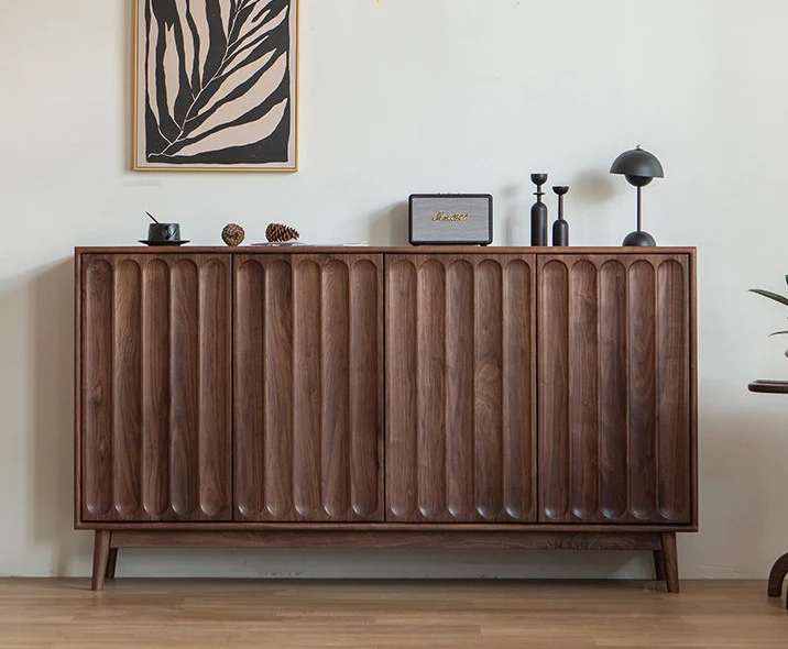 Hewn Walnut Shoe Storage Cabinet with Fluted Door Design
