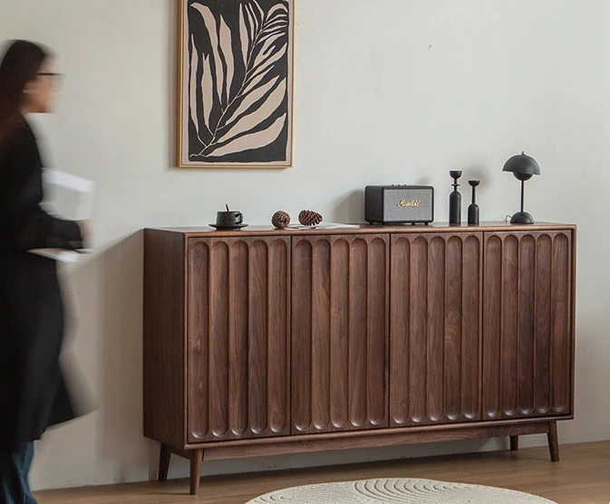 Hewn Walnut Shoe Storage Cabinet with Fluted Door Design