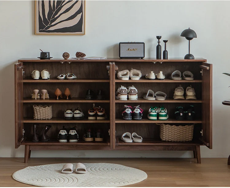 Hewn Walnut Shoe Storage Cabinet with Fluted Door Design
