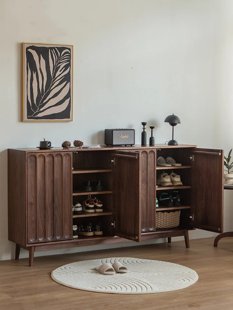 Hewn Walnut Shoe Storage Cabinet with Fluted Door Design