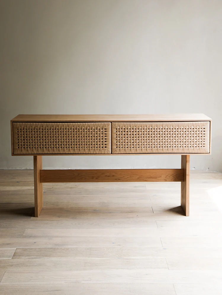 Block Oak Cane Console Table with Woven Drawer Fronts