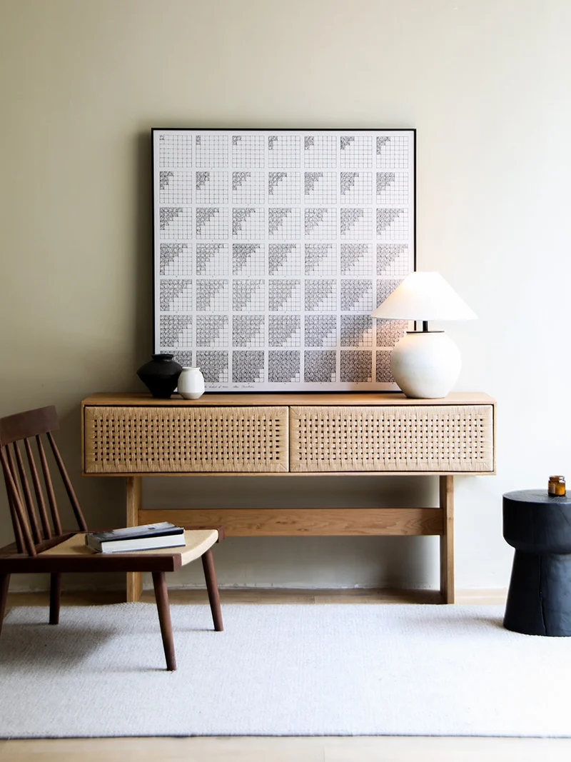 Block Oak Cane Console Table with Woven Drawer Fronts