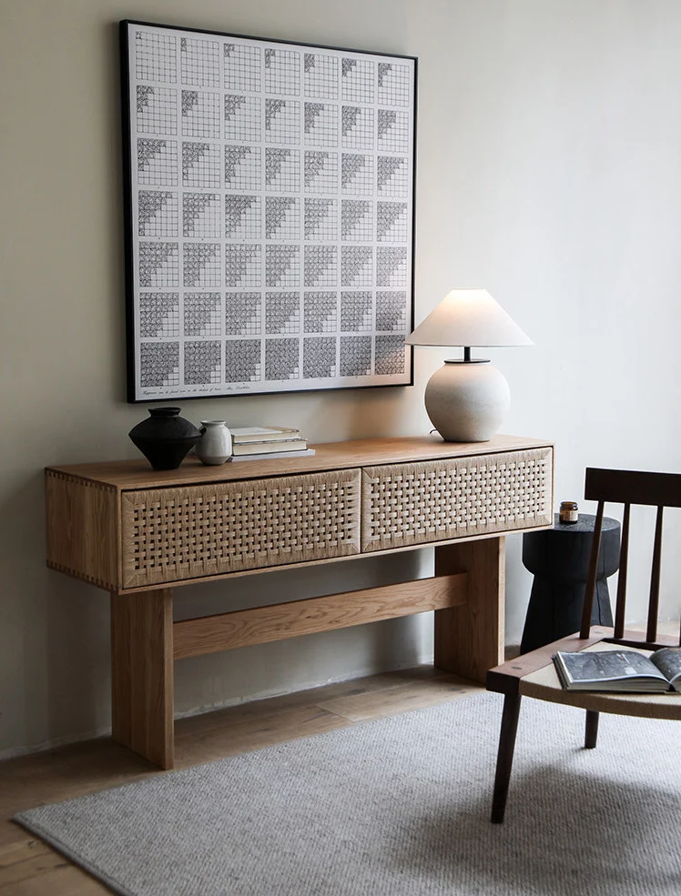 Block Oak Cane Console Table with Woven Drawer Fronts