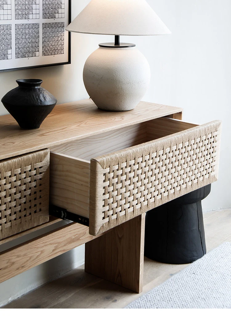 Block Oak Cane Console Table with Woven Drawer Fronts