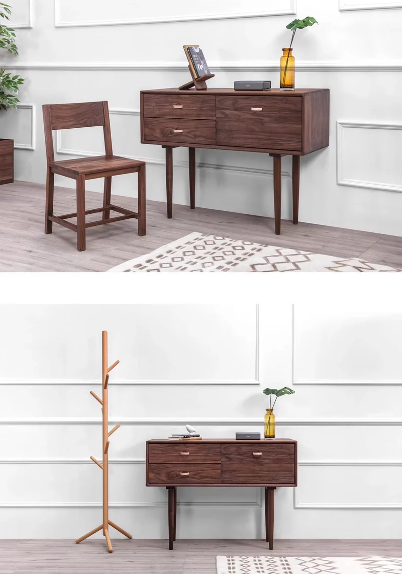 Plank Mid-Century Walnut Console Table with Storage Drawers
