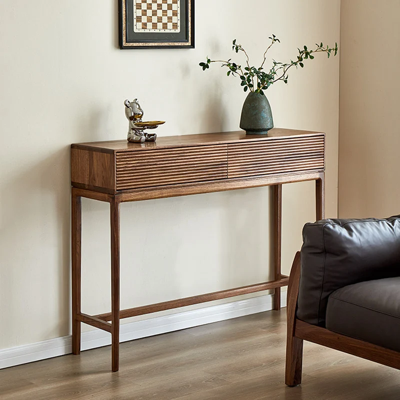 WoodPlank Black Walnut Fluted Console Table with Drawers