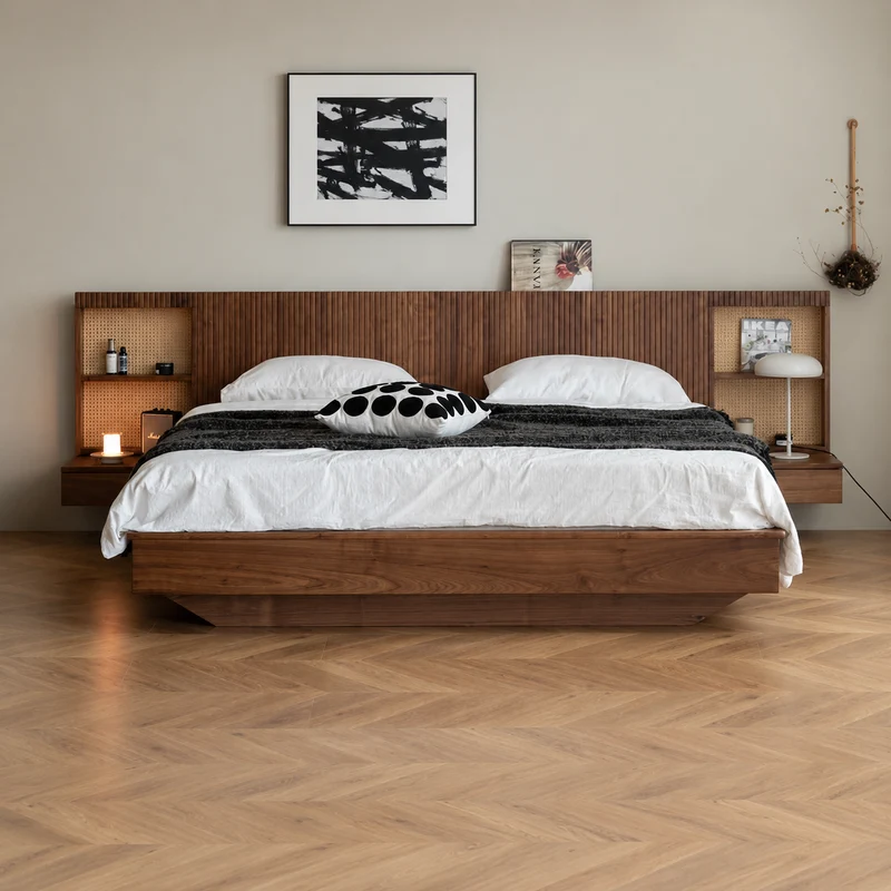 Pure Bed Modern Walnut Wood Floating Platform Bed