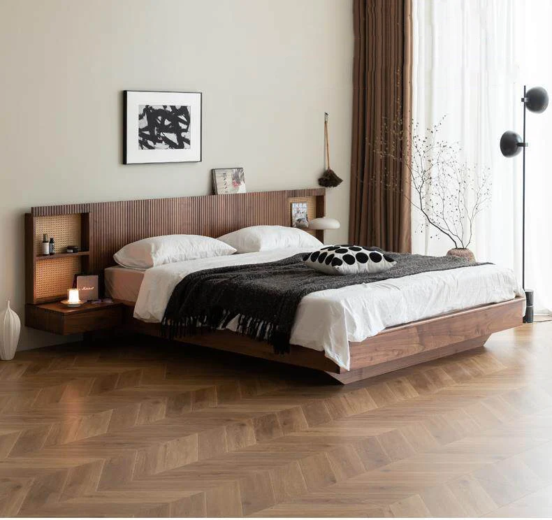 Pure Bed Modern Walnut Wood Floating Platform Bed