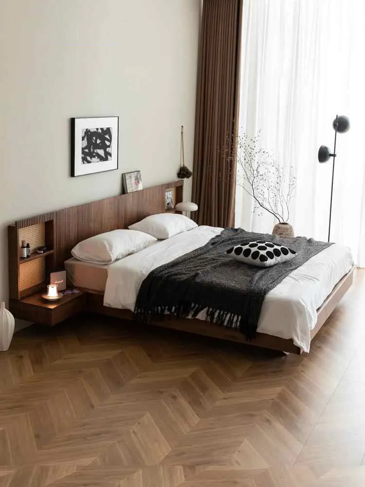 Pure Bed Modern Walnut Wood Floating Platform Bed
