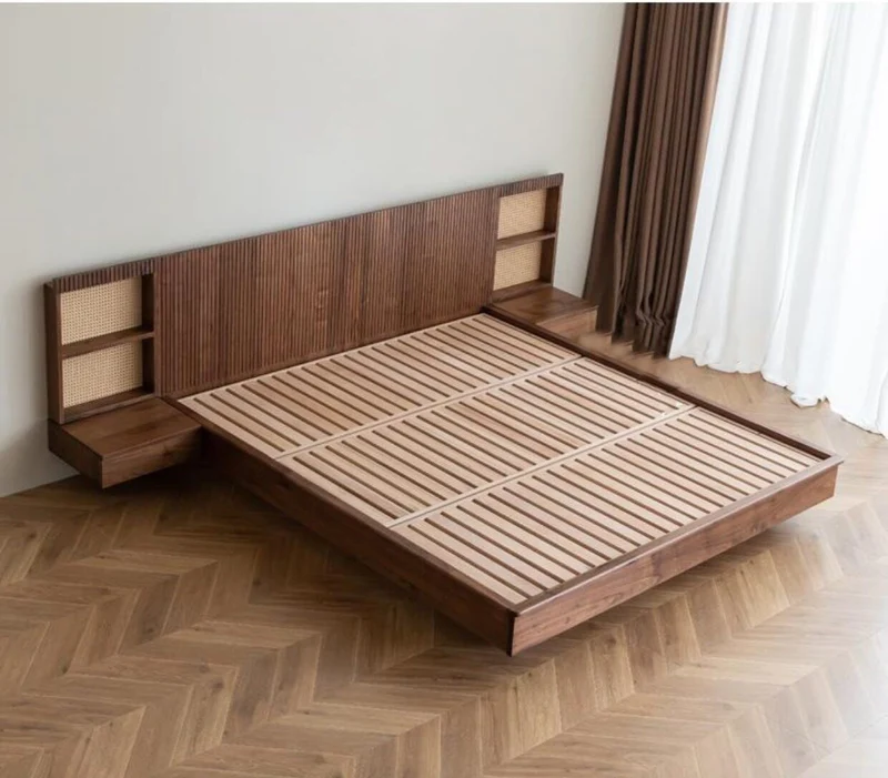 Pure Bed Modern Walnut Wood Floating Platform Bed