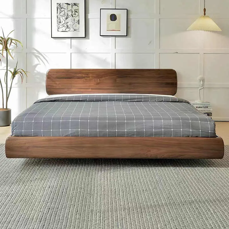American Rest Floating Solid Black Walnut Platform Bed with Curved Headboard