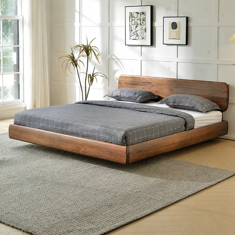 American Rest Floating Solid Black Walnut Platform Bed with Curved Headboard
