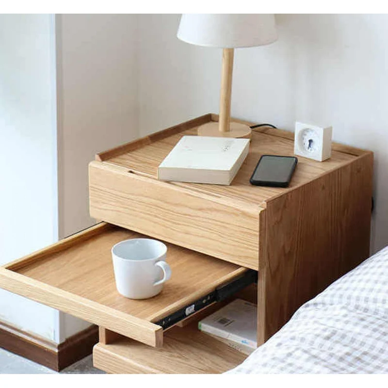 Elegant White Oak Wood Nightstand with Decorative Top