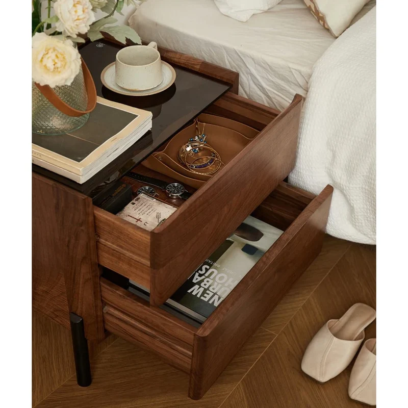 Voyage Black Walnut Wood Nightstand with Glass Top