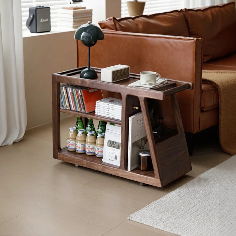 Multi-Functional Walnut Wood Side Table with Roller