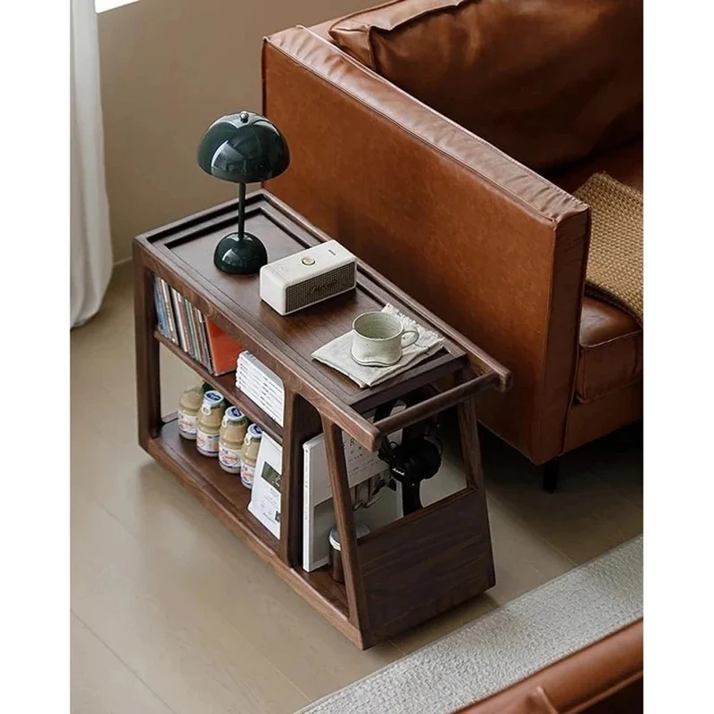 Multi-Functional Walnut Wood Side Table with Roller