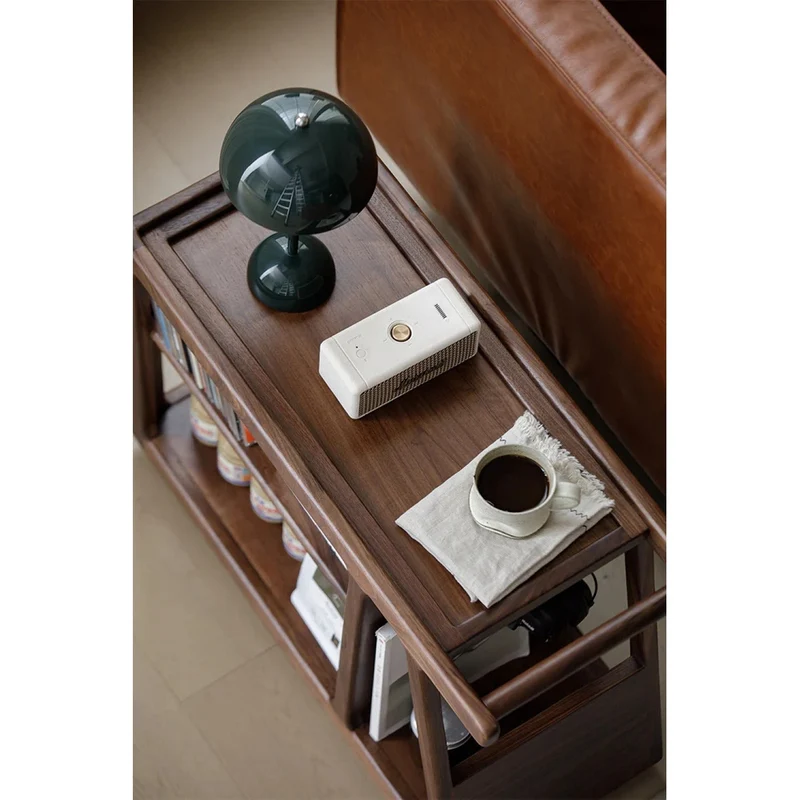 Multi-Functional Walnut Wood Side Table with Roller