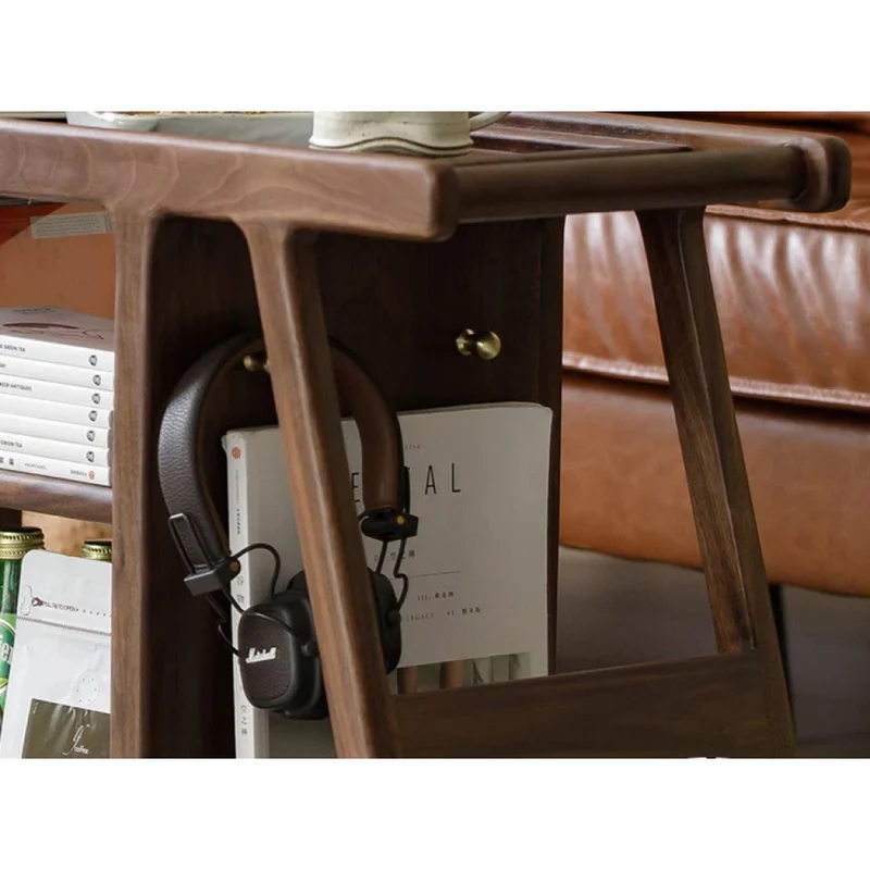 Multi-Functional Walnut Wood Side Table with Roller