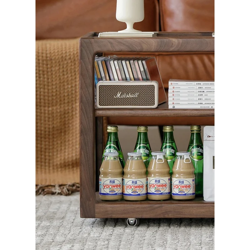 Multi-Functional Walnut Wood Side Table with Roller