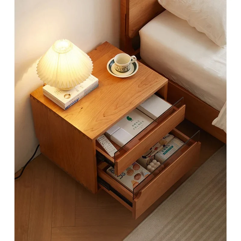 Stylish Glass Drawers Cherry Wood Nightstand