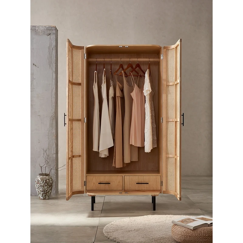 Serenity Solid Ash Wood Wardrobe with 2 Big Rattan Doors