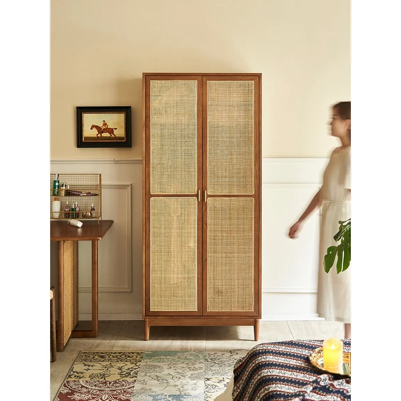 Versatile Solid Cherry Wood Rattan Wardrobe