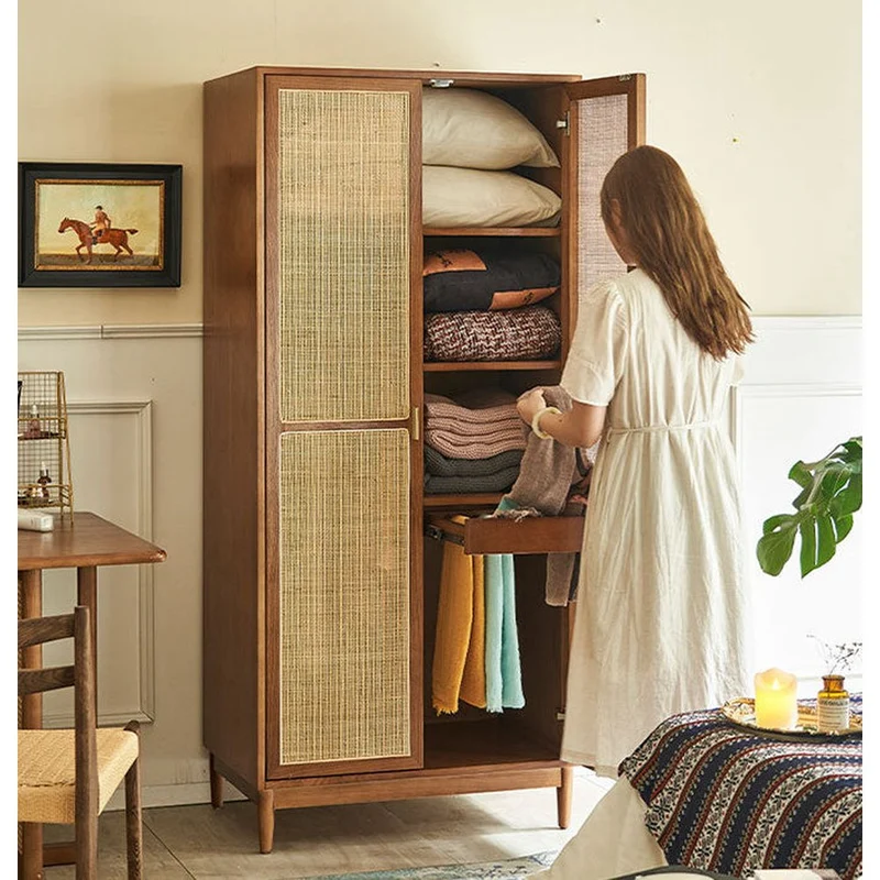 Versatile Solid Cherry Wood Rattan Wardrobe