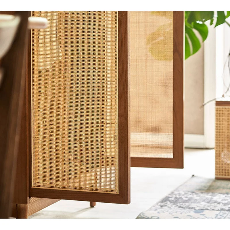 Versatile Solid Cherry Wood Rattan Wardrobe