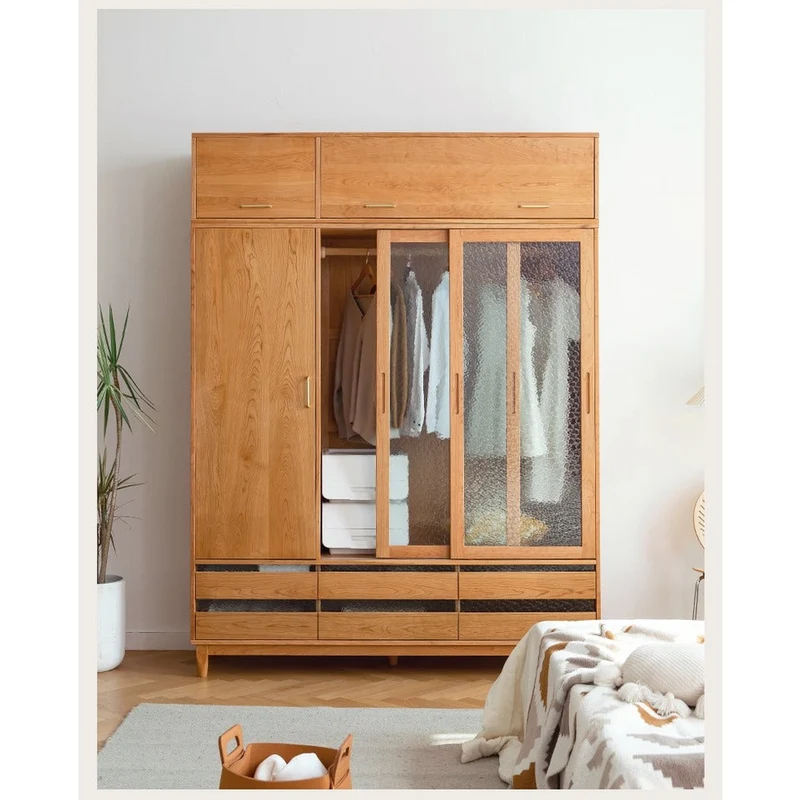 Sleek Sliding Door Cherry Wood Wardrobe