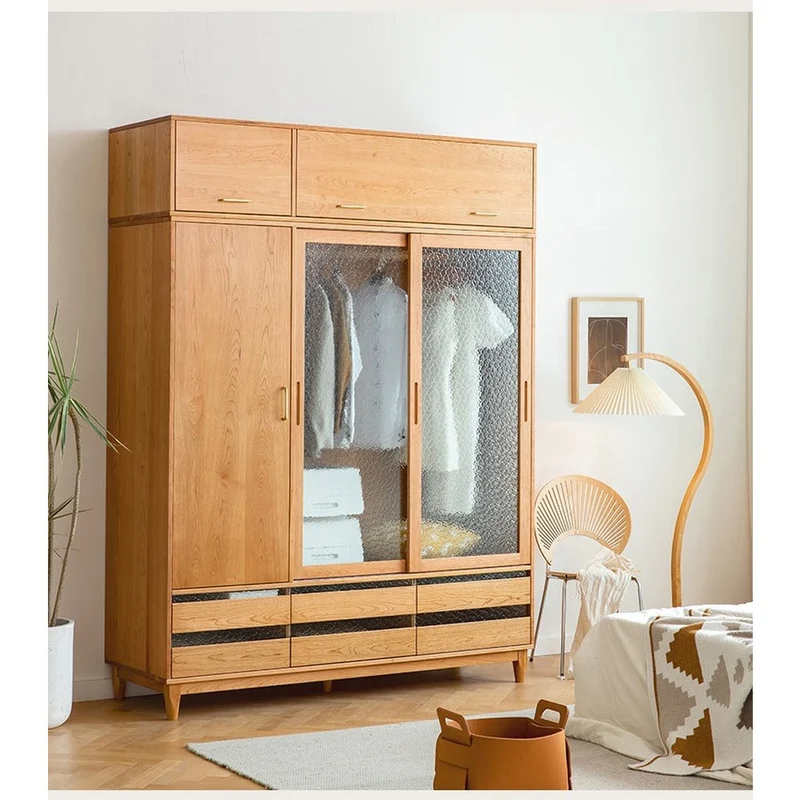 Sleek Sliding Door Cherry Wood Wardrobe