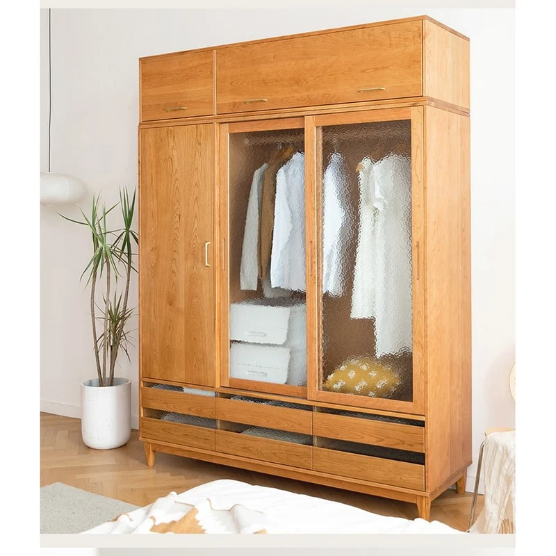 Sleek Sliding Door Cherry Wood Wardrobe