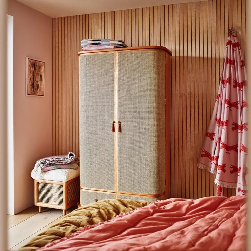 Bespoke High-End Rattan Cherry Wood Wardrobe