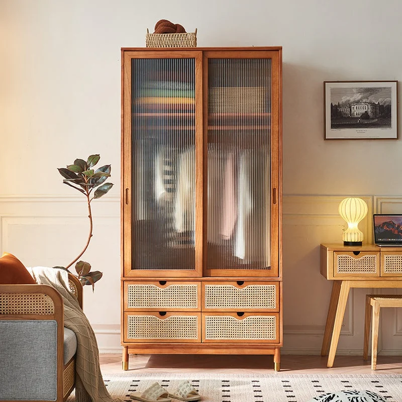 Elegant Cherry Wood Wardrobe with Mirrored Doors