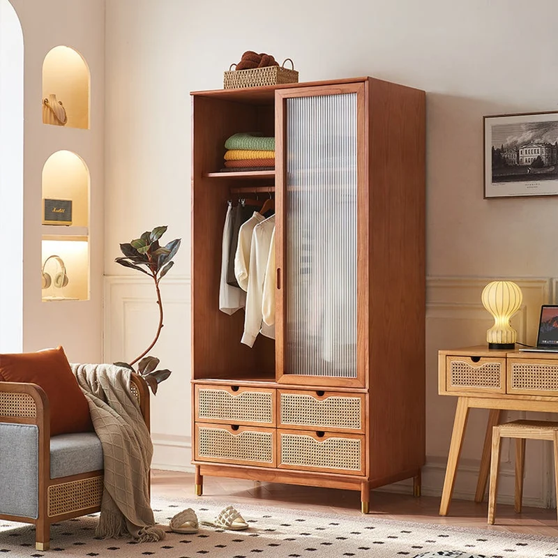Elegant Cherry Wood Wardrobe with Mirrored Doors