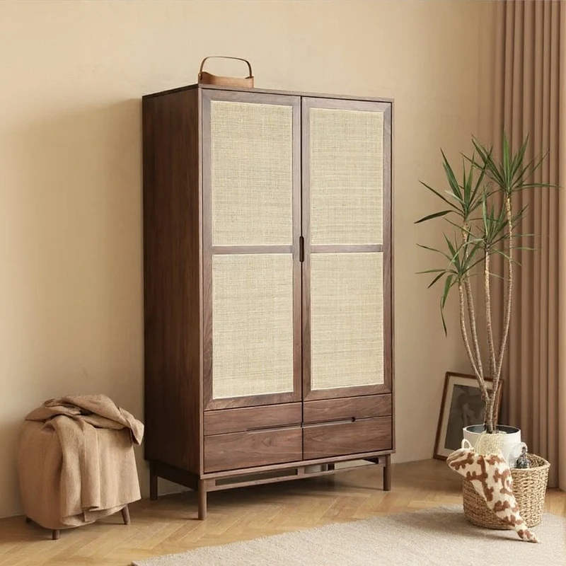 Japandi Rattan Grid Solid Walnut Wood Wardrobe