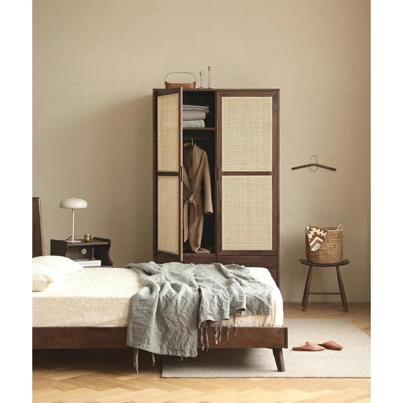 Japandi Rattan Grid Solid Walnut Wood Wardrobe