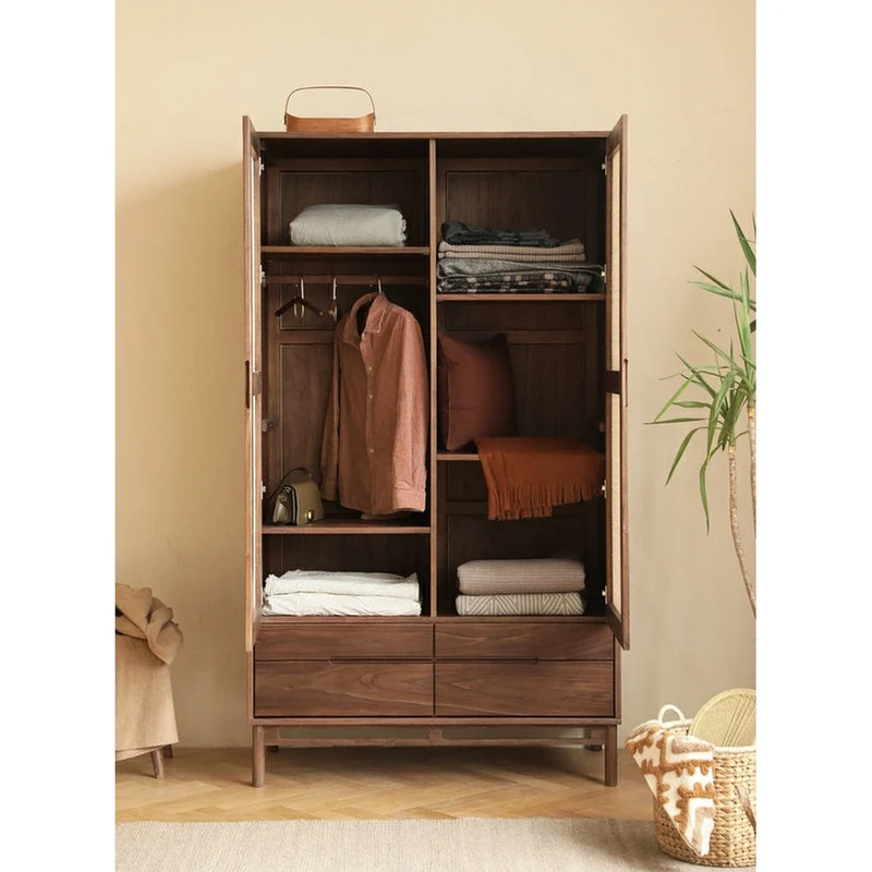 Japandi Rattan Grid Solid Walnut Wood Wardrobe