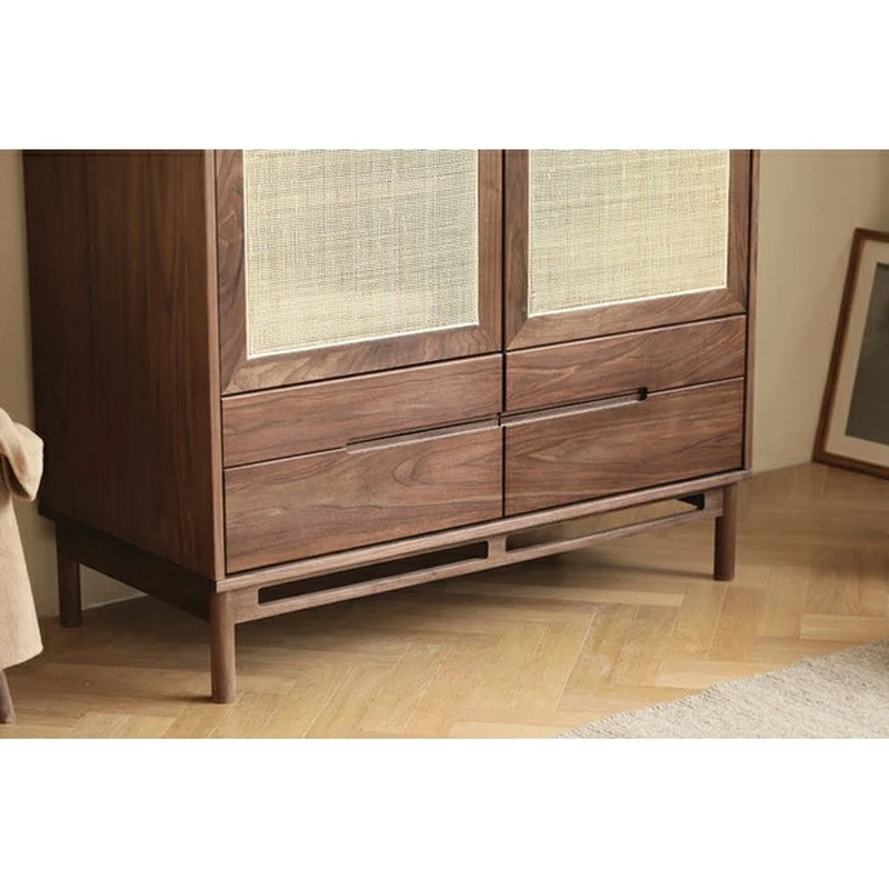 Japandi Rattan Grid Solid Walnut Wood Wardrobe