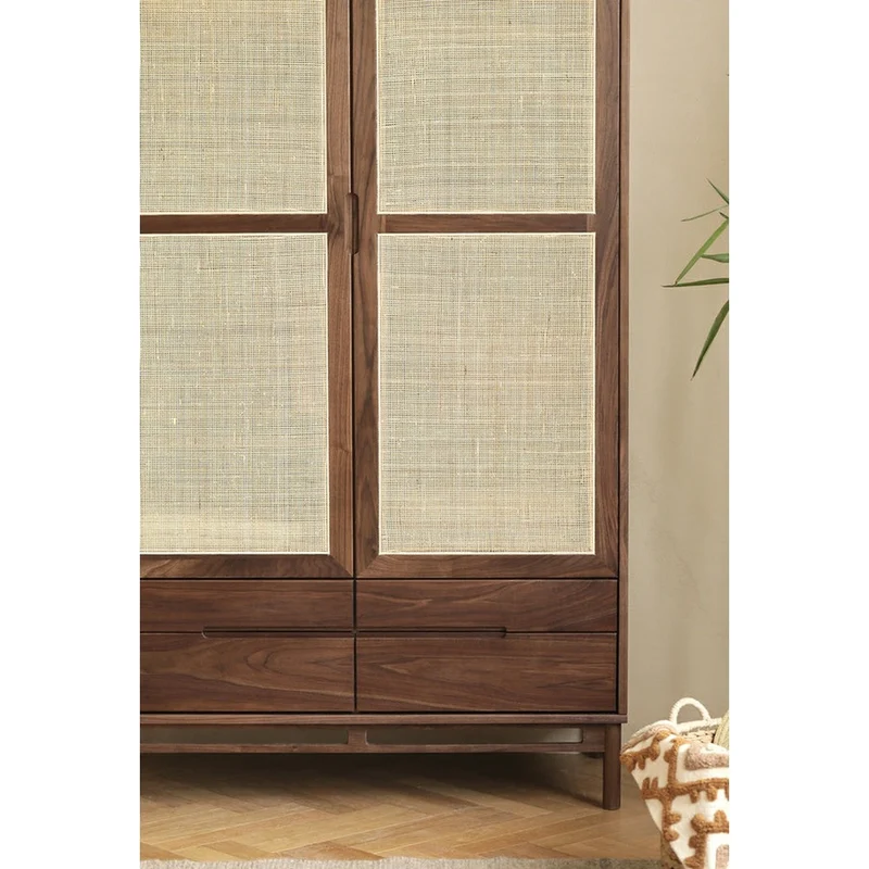 Japandi Rattan Grid Solid Walnut Wood Wardrobe