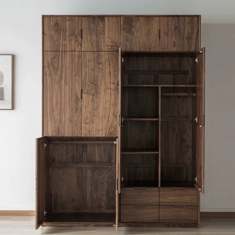 Large Multifunctional Layers Black Walnut Wood Wardrobe