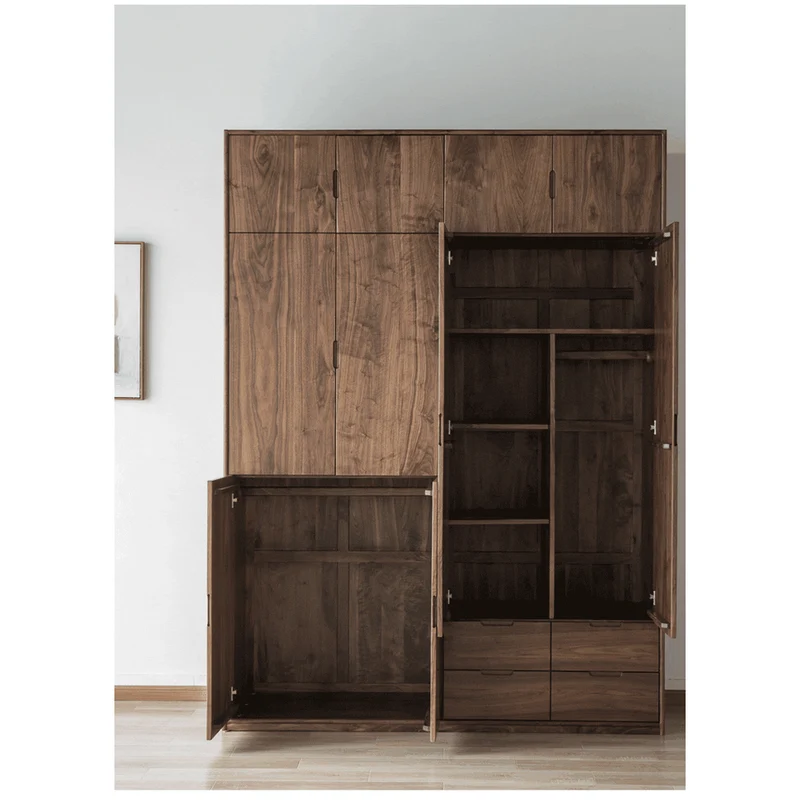 Large Multifunctional Layers Black Walnut Wood Wardrobe