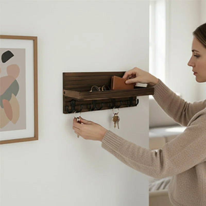 Porte clé mural en bois avec étagère – CleariaHome Hall