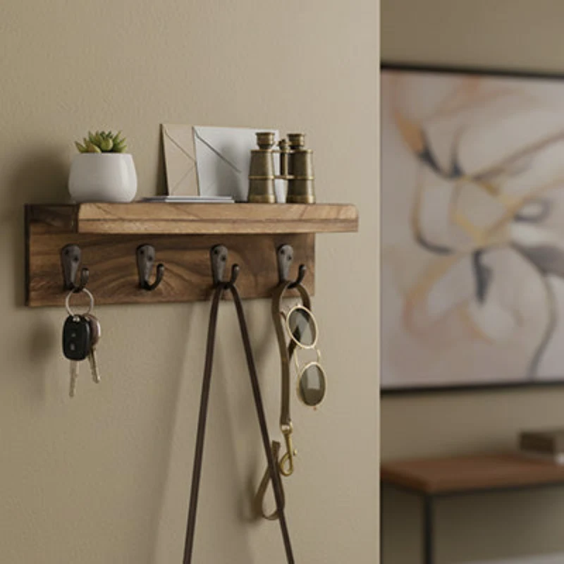 Porte clé mural en bois avec étagère – Organisez votre entrée avec élégance | CleariaHome Entry
