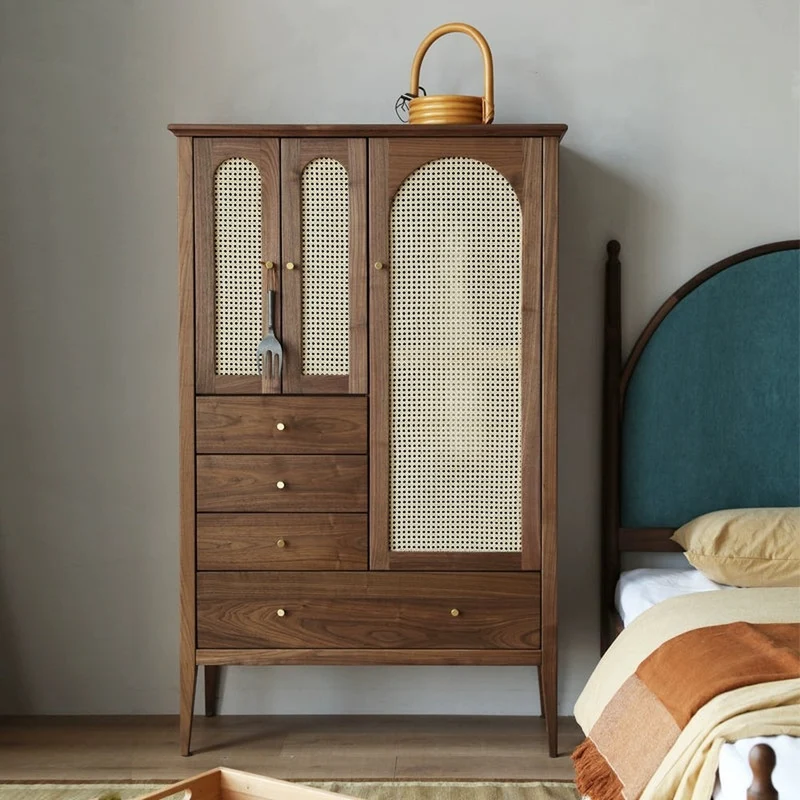 Chic Vintage Walnut Wood Wardrobe with Rattan Door