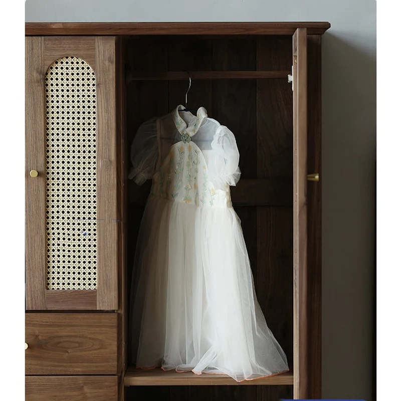 Chic Vintage Walnut Wood Wardrobe with Rattan Door