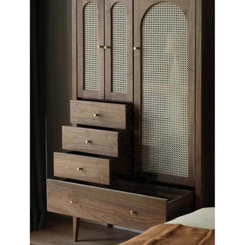 Chic Vintage Walnut Wood Wardrobe with Rattan Door